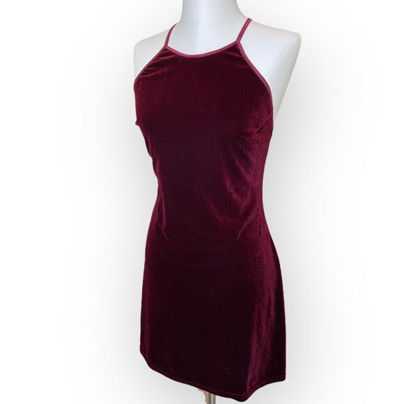 Vintage Y2K Velour Spaghetti Strap Mini Dress Bodycon Burgundy Juniors sz Medium - Picture 1 of 8